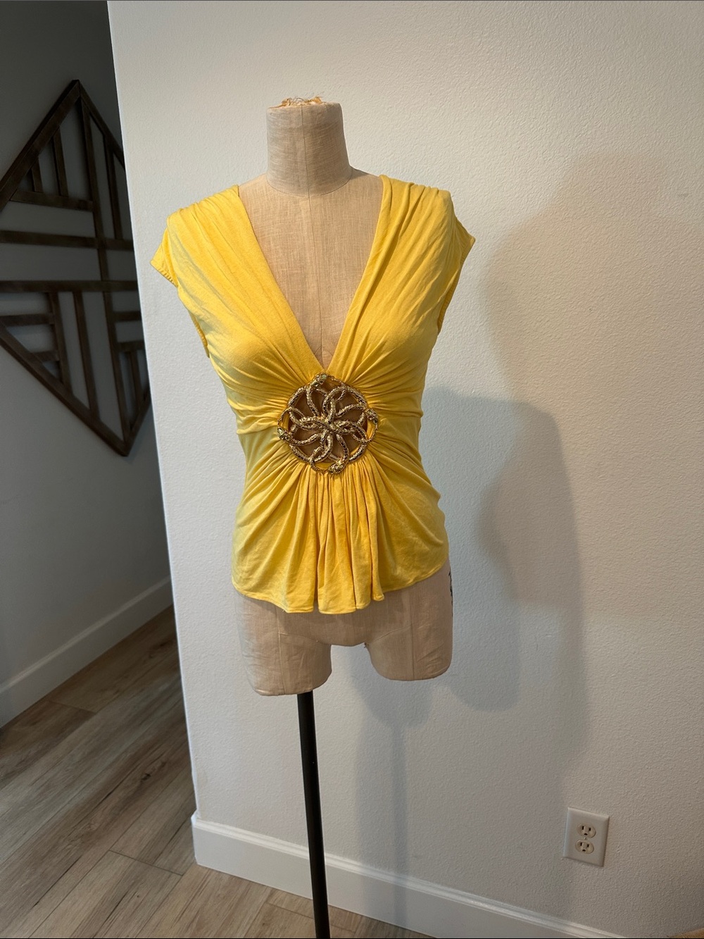 SKY Yellow V-Neck Gathered Front Women's Top with Decorative Brooch